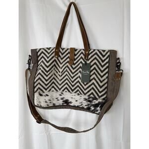 Myra Bag Canvas Tote Bag Chevron Print Cowhide Leather Western Festival Boho